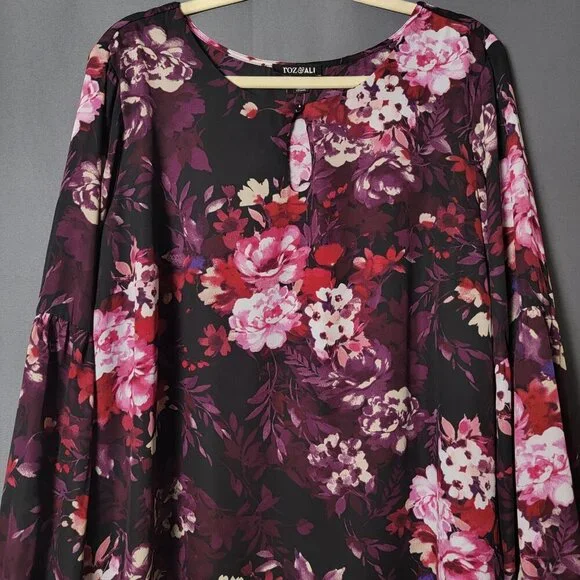 Roz & Ali Burgundy Floral Fairy Grunge Long Sleeve Cottagecore Work Top 2X - Picture 4 of 12